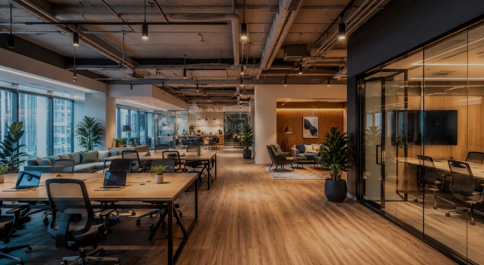Coworking: an open floor with desks and a glass meeting room