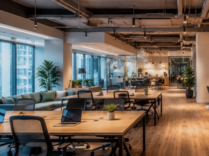 Coworking open floor: desks with chairs by panoramic windows