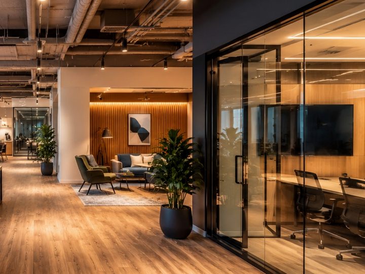 Glass meeting room with a screen and a work table