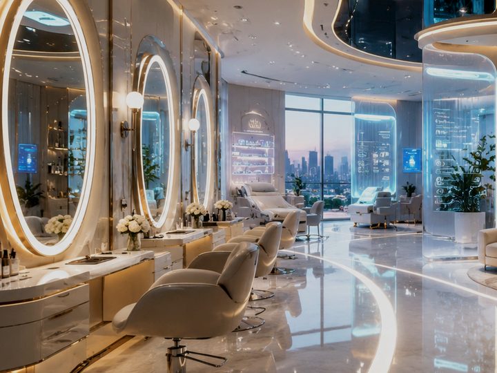 Beauty-coworking: chairs with lit mirrors and a manicure station