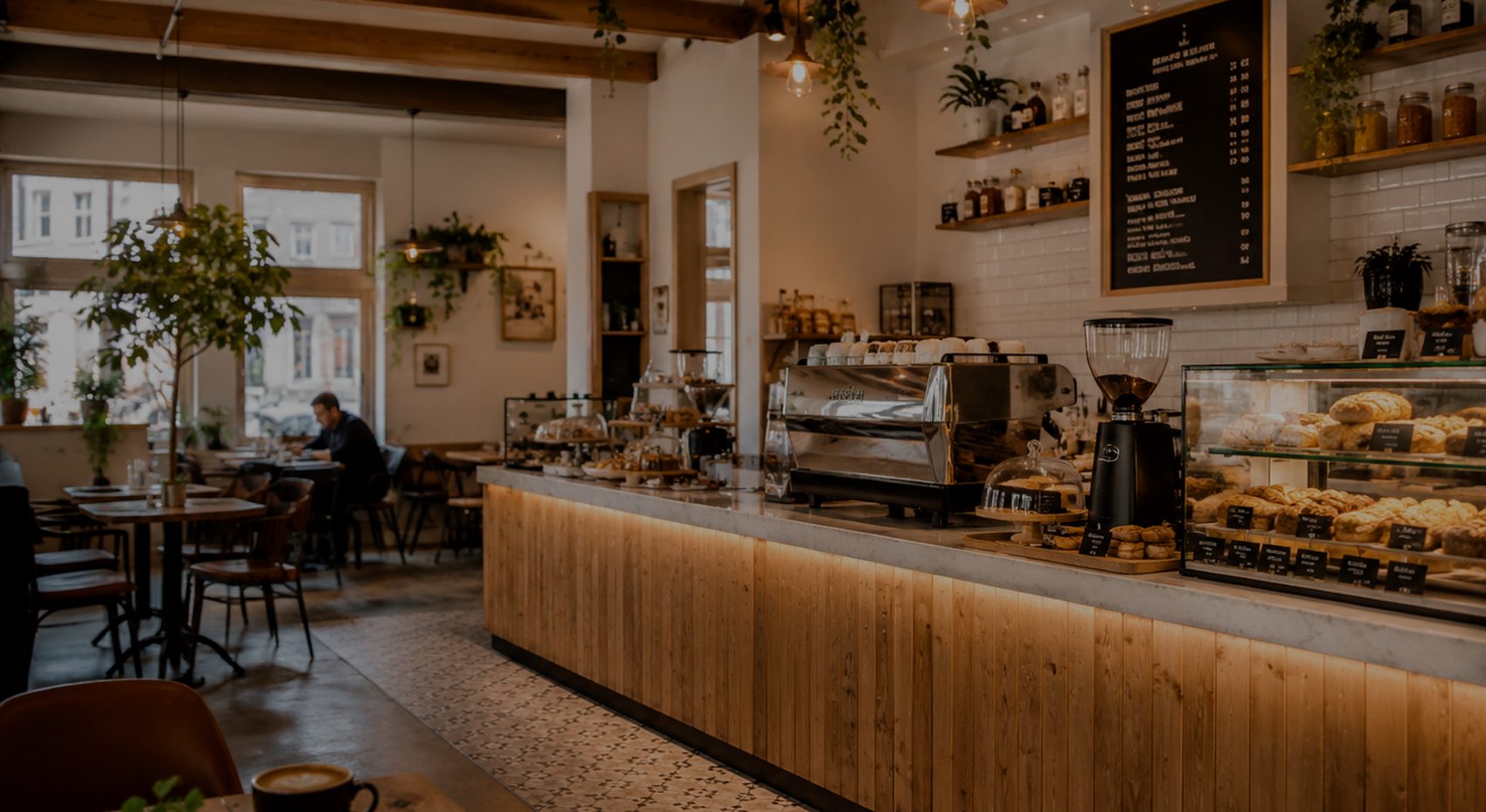 Cafe interior: a bar with an espresso machine, a pastry display, seating by the window