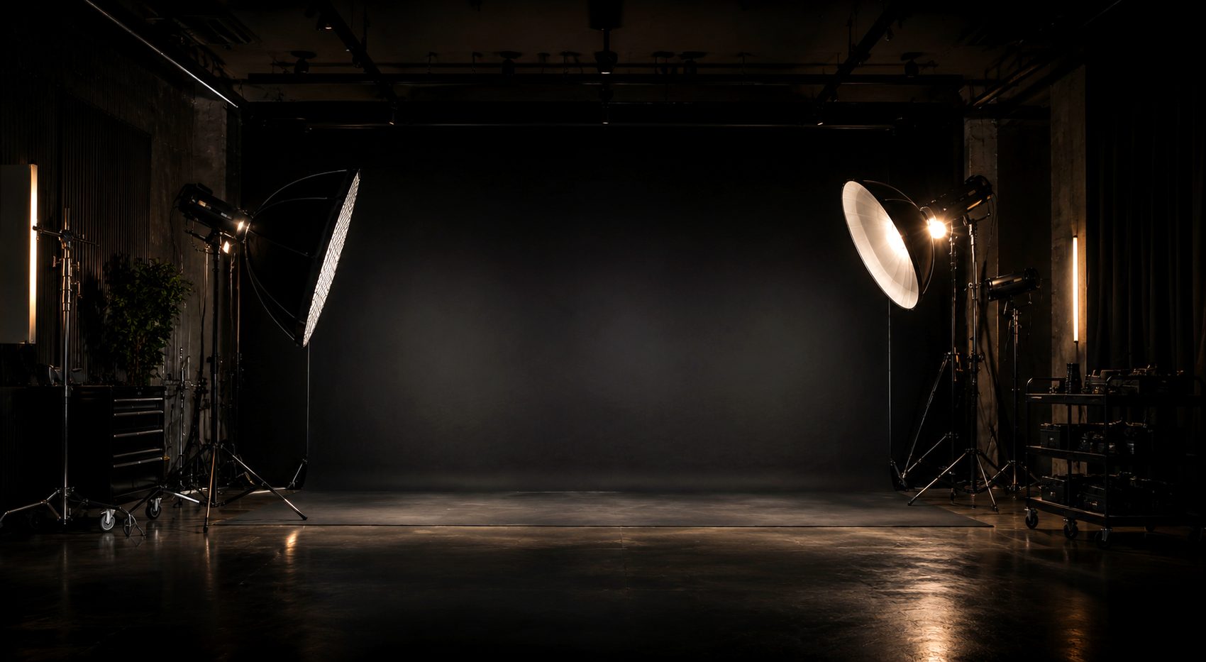 Shooting hall: grey cyclorama, two lights on stands, an equipment cart, concrete floor