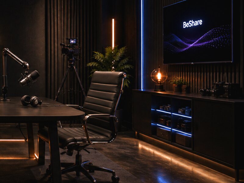 Video room: a desk with a mixer and headphones, mics, a camera on a tripod, a wall screen