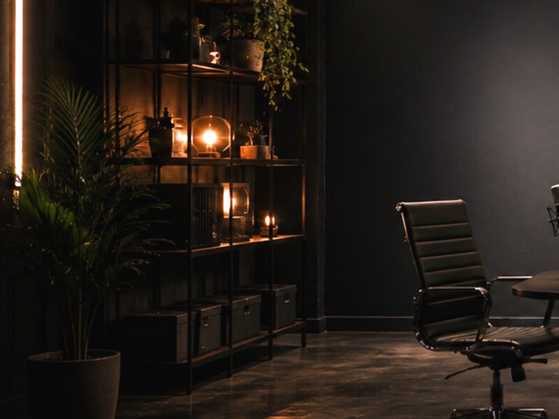 Interview loft: a shelf with plants and warm lamps, a mic on a boom by the table