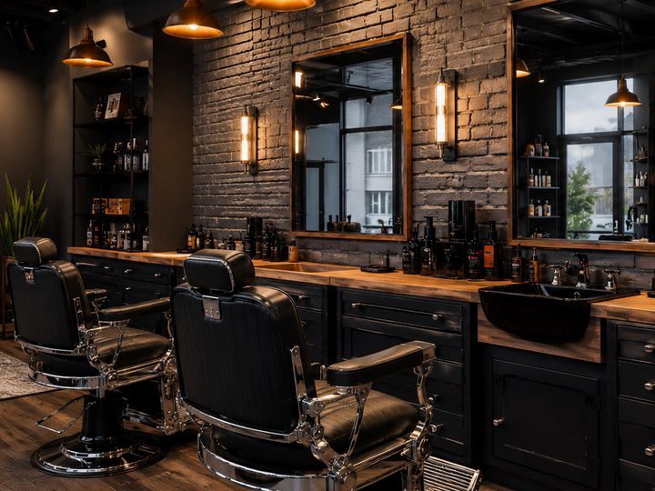 Barber hall: leather chairs, brick wall, warm lamps