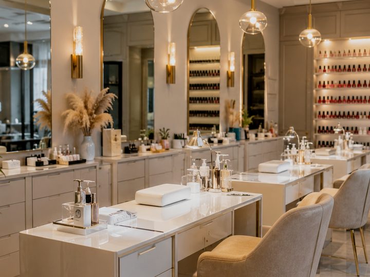 Nail hall: manicure tables and a shelf of polishes