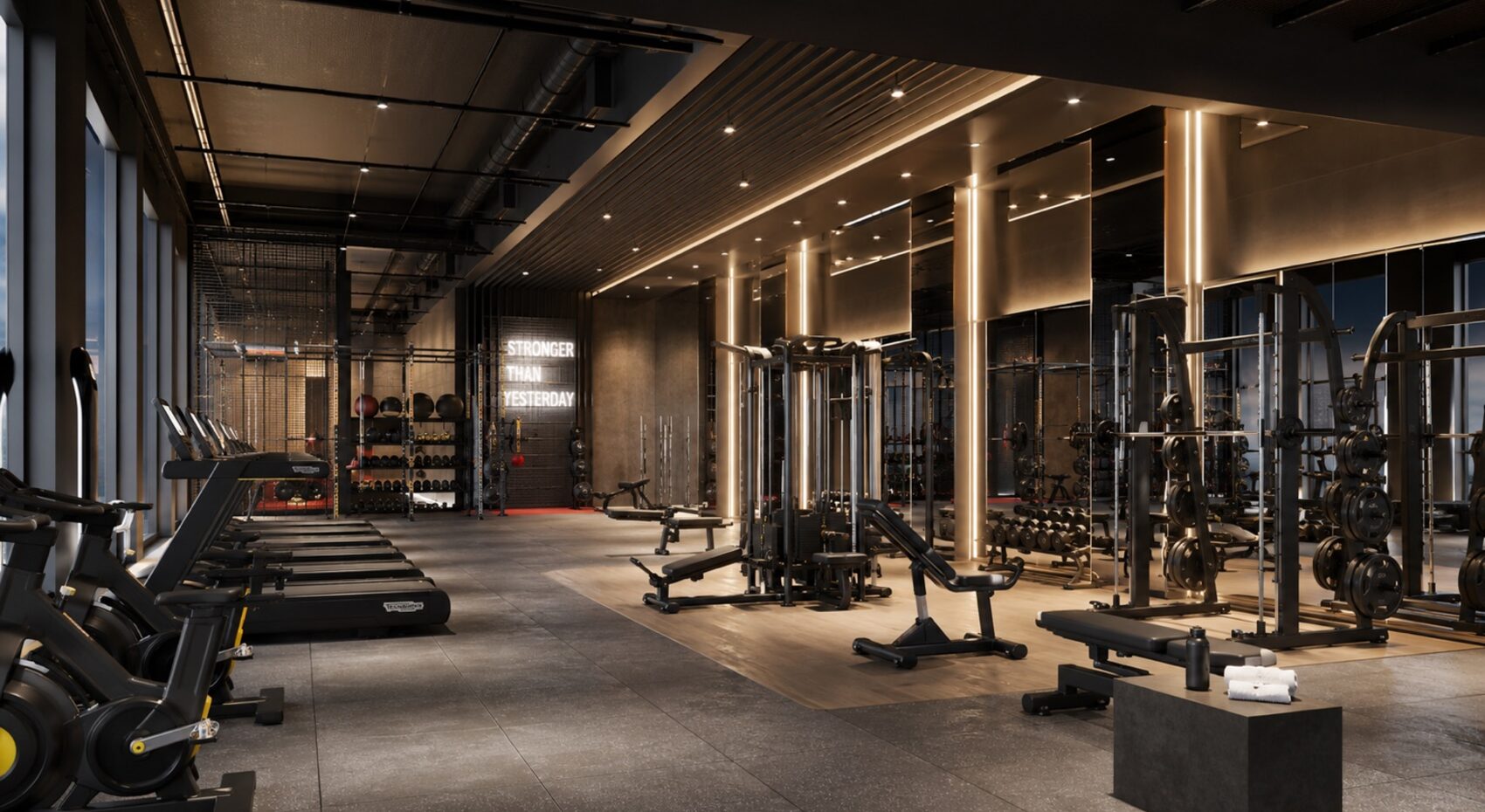 Club hall: cardio zone by the panoramic windows, strength racks and a functional area